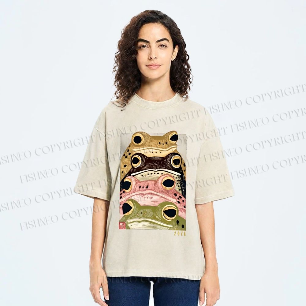 Unisex Whimsical Multi Colored Frog Art Printed Washed Tee