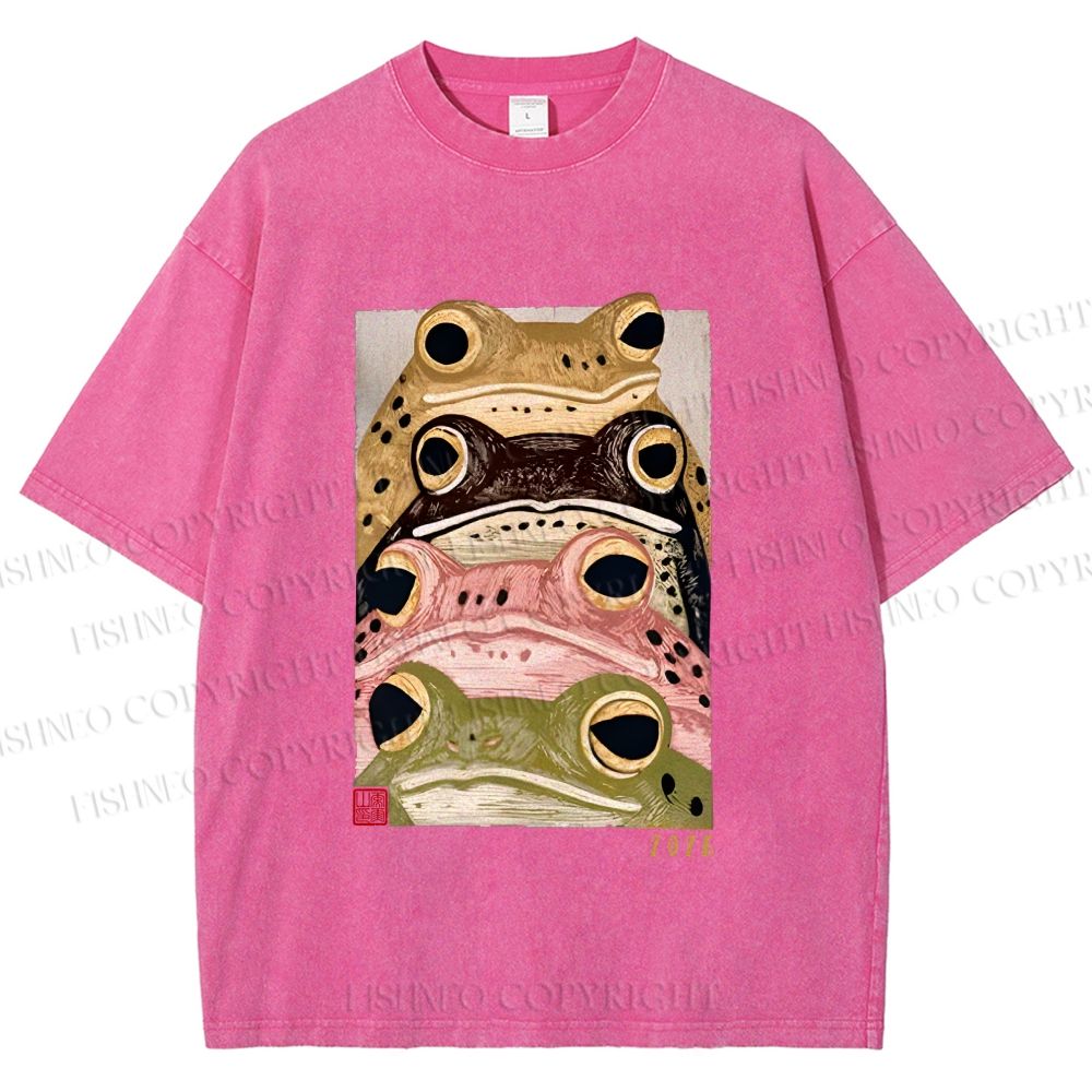 Unisex Whimsical Multi Colored Frog Art Printed Washed Tee
