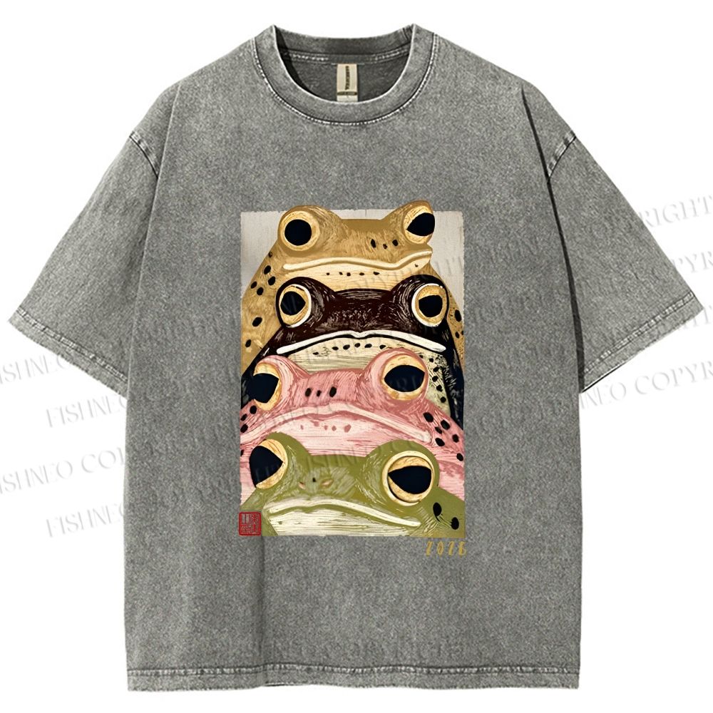 Unisex Whimsical Multi Colored Frog Art Printed Washed Tee
