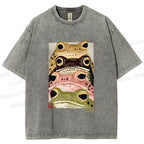 Unisex Whimsical Multi Colored Frog Art Printed Washed Tee