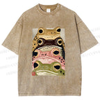 Unisex Whimsical Multi Colored Frog Art Printed Washed Tee