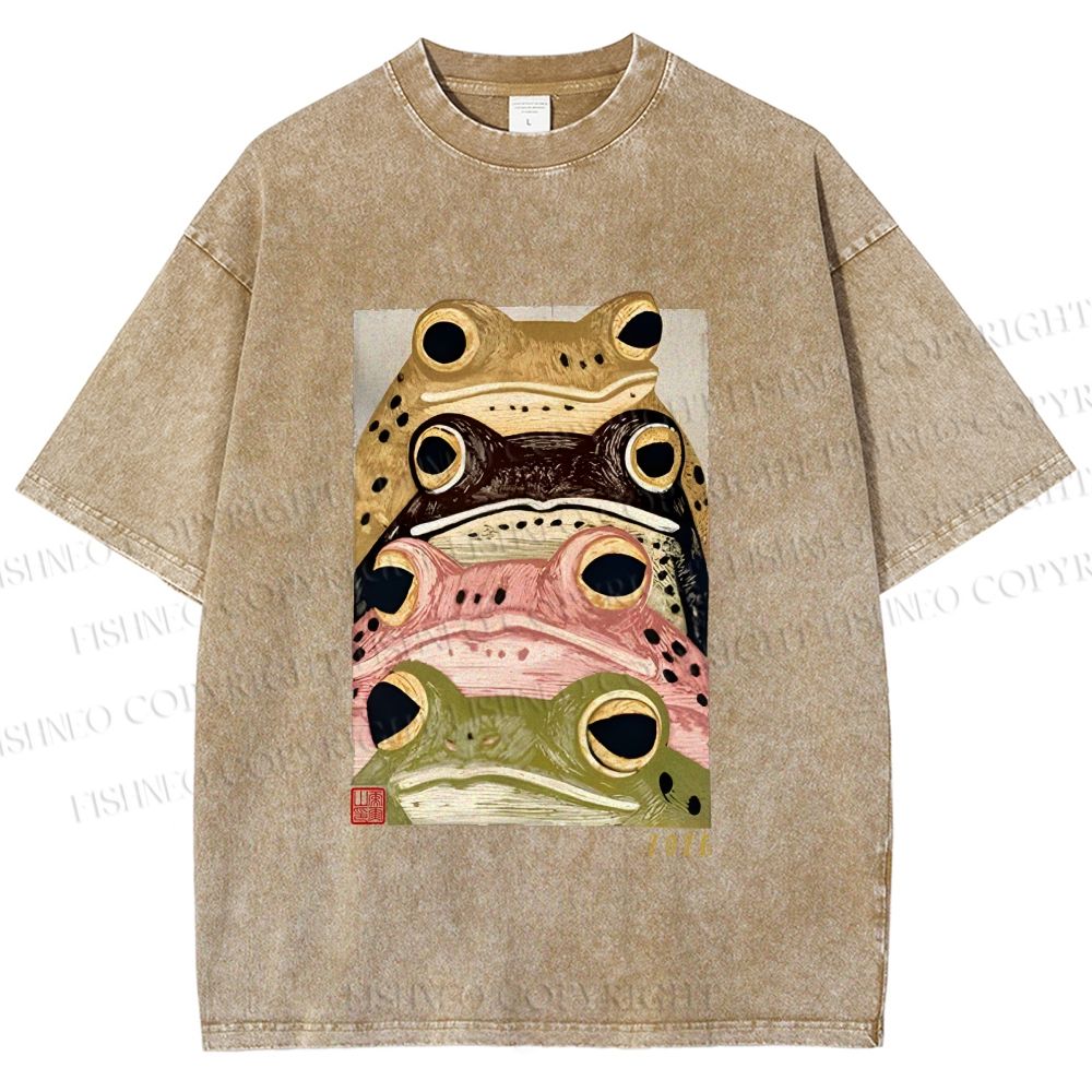 Unisex Whimsical Multi Colored Frog Art Printed Washed Tee