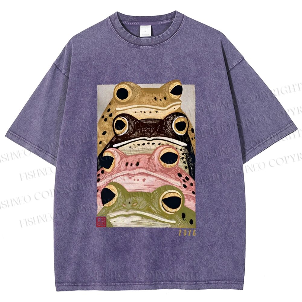 Unisex Whimsical Multi Colored Frog Art Printed Washed Tee