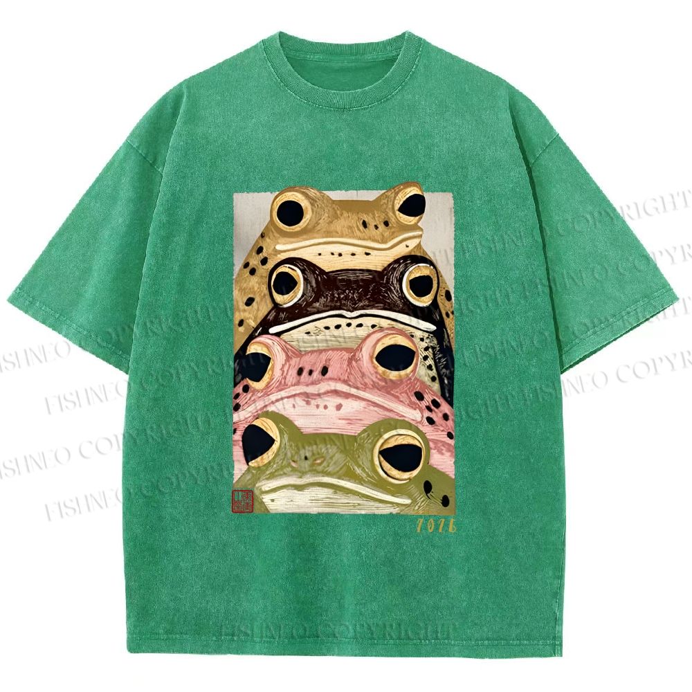 Unisex Whimsical Multi Colored Frog Art Printed Washed Tee