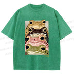 Unisex Whimsical Multi Colored Frog Art Printed Washed Tee