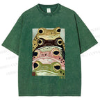 Unisex Whimsical Multi Colored Frog Art Printed Washed Tee