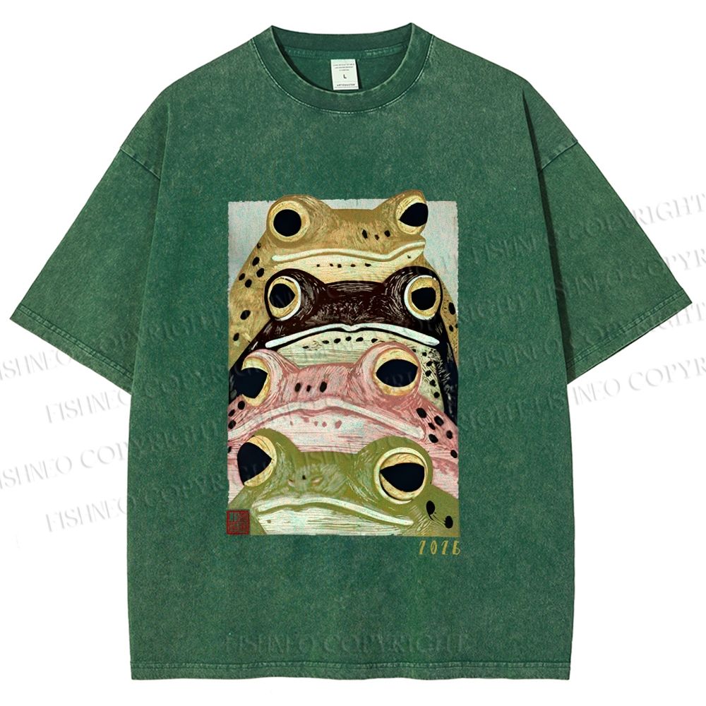 Unisex Whimsical Multi Colored Frog Art Printed Washed Tee