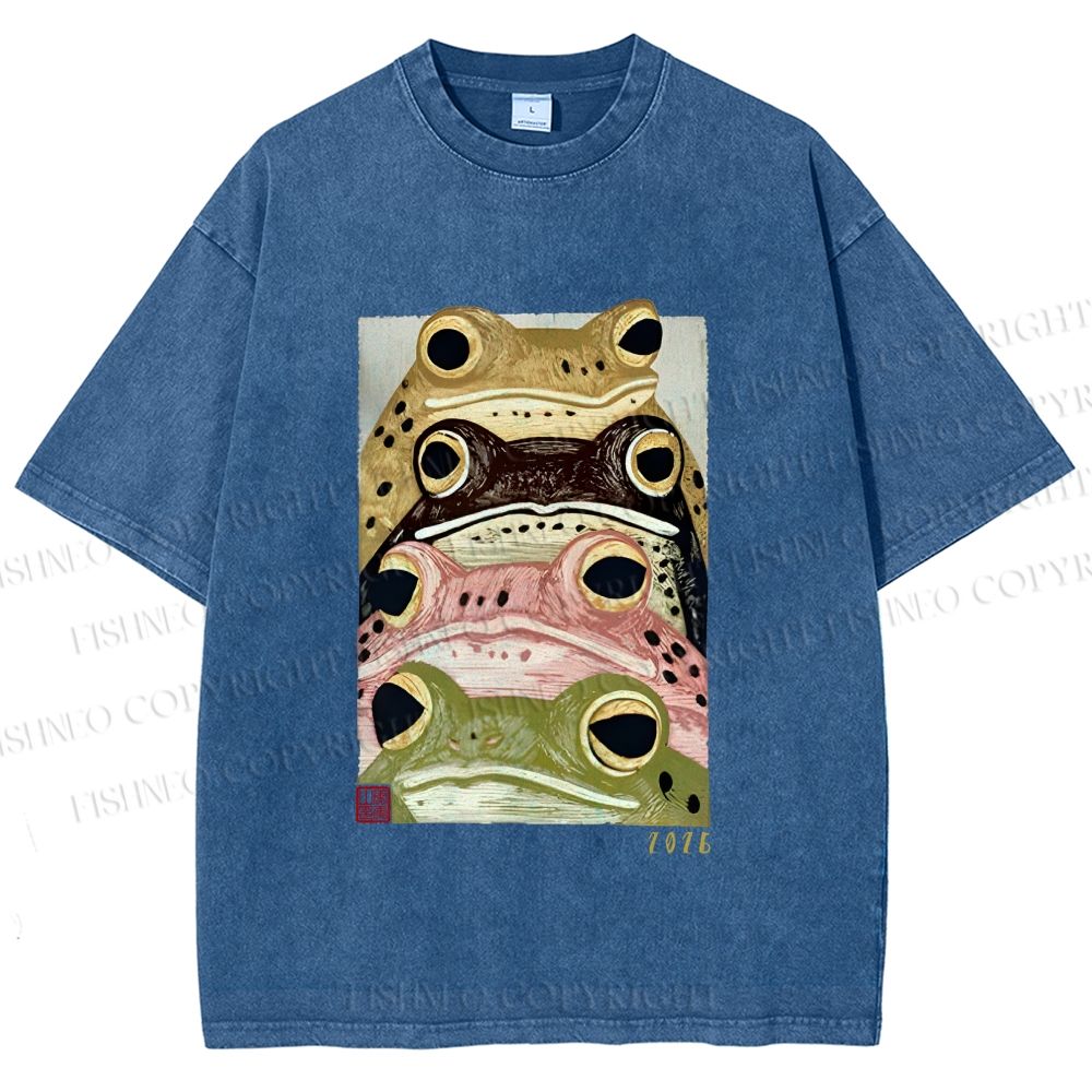 Unisex Whimsical Multi Colored Frog Art Printed Washed Tee