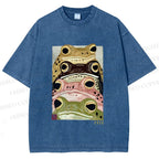 Unisex Whimsical Multi Colored Frog Art Printed Washed Tee