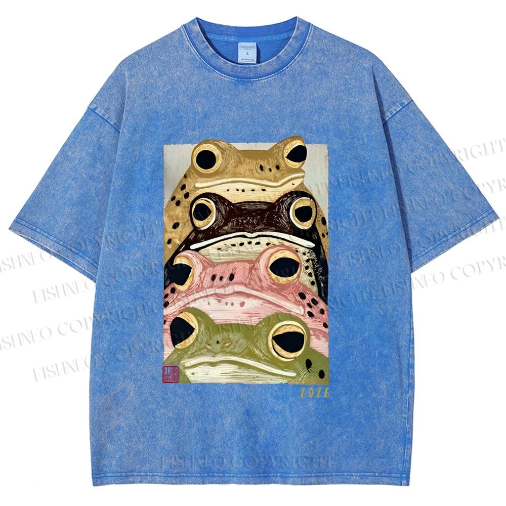 Unisex Whimsical Multi Colored Frog Art Printed Washed Tee
