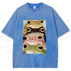 Unisex Whimsical Multi Colored Frog Art Printed Washed Tee