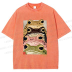 Unisex Whimsical Multi Colored Frog Art Printed Washed Tee