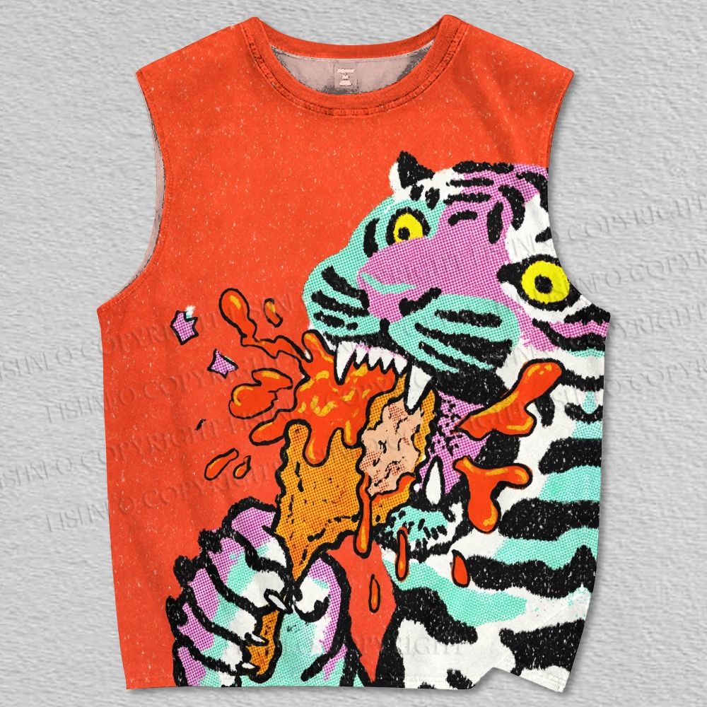 Unisex Funny Tiger Having Fried Chicken Printed Tank Top