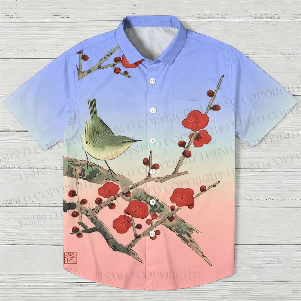 Vintage Bird in Red Flowers Hawaiian Shirt
