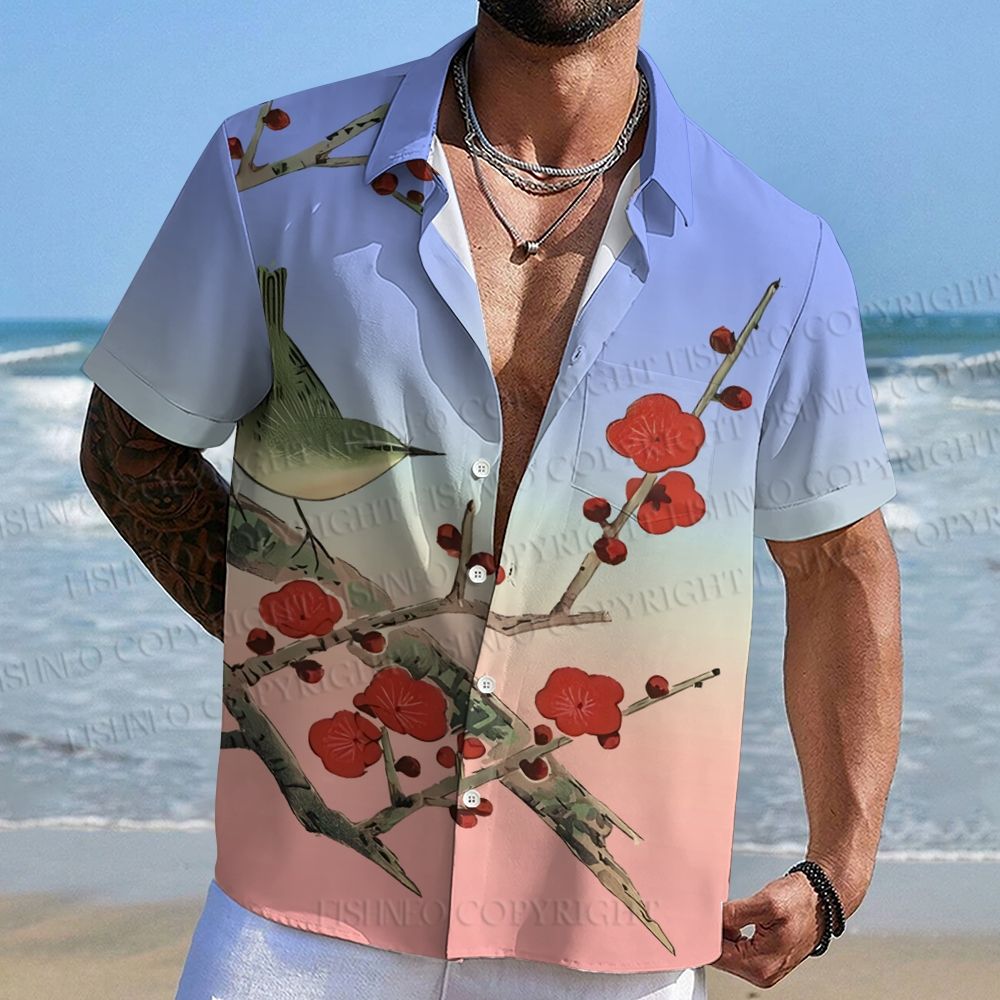 Vintage Bird in Red Flowers Hawaiian Shirt