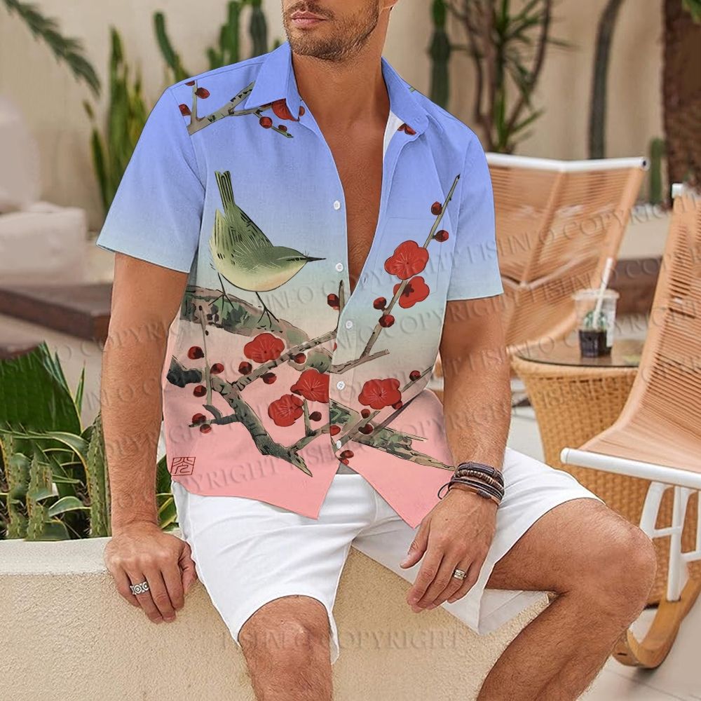 Vintage Bird in Red Flowers Hawaiian Shirt