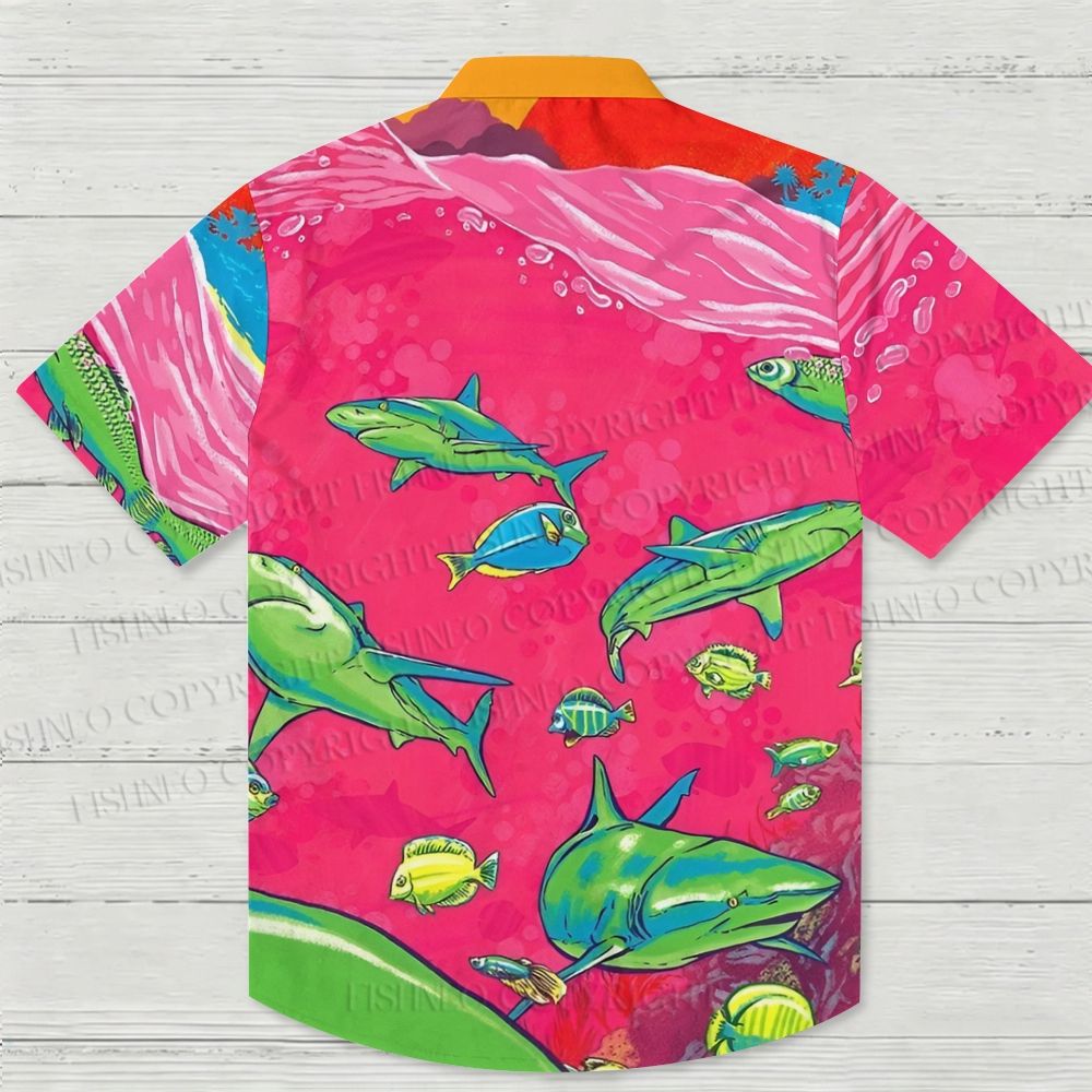 Green Sharks in Pink Ocean Hawaiian Shirt