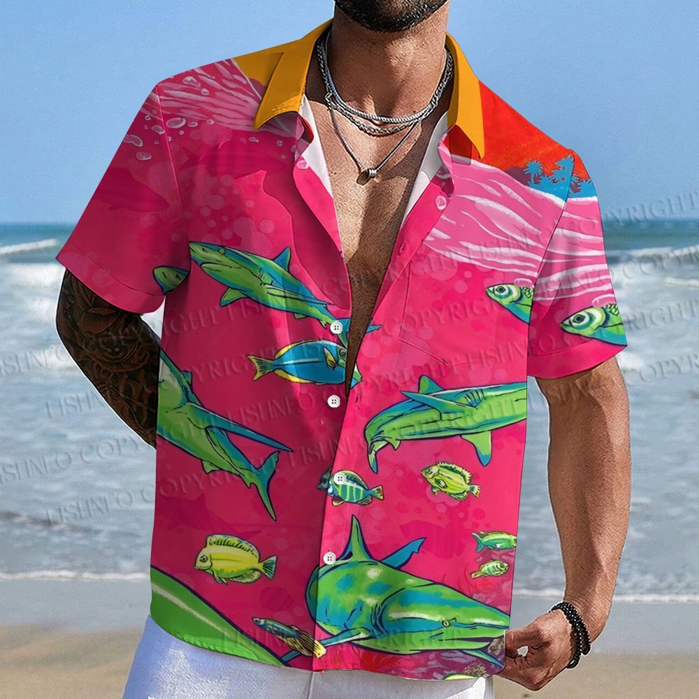 Green Sharks in Pink Ocean Hawaiian Shirt