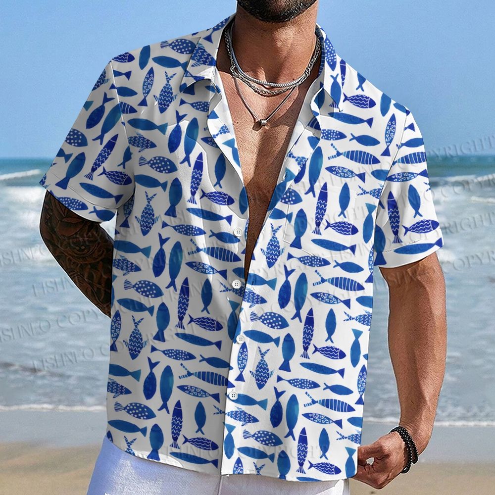 Blue Fish Printed Hawaiian Shirt