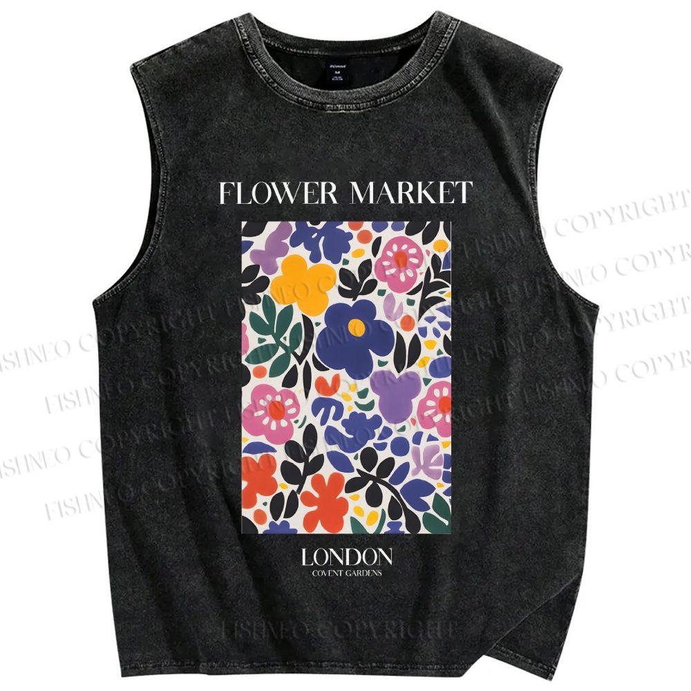 Unisex Flower Market Printed Washed Tank Top