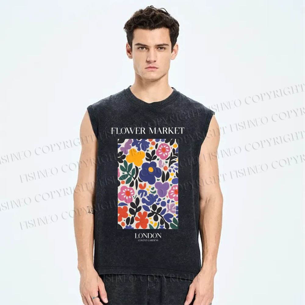 Unisex Flower Market Printed Washed Tank Top