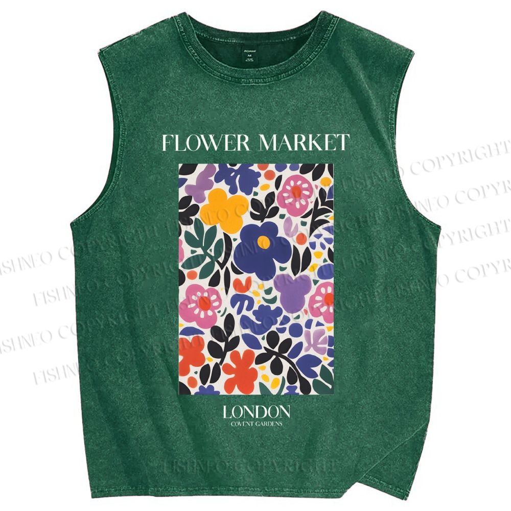 Unisex Flower Market Printed Washed Tank Top