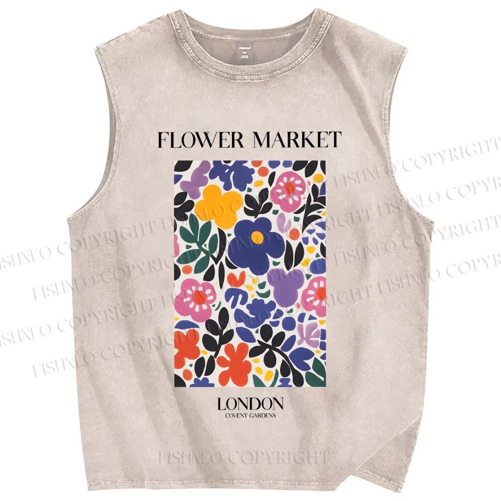 Unisex Flower Market Printed Washed Tank Top