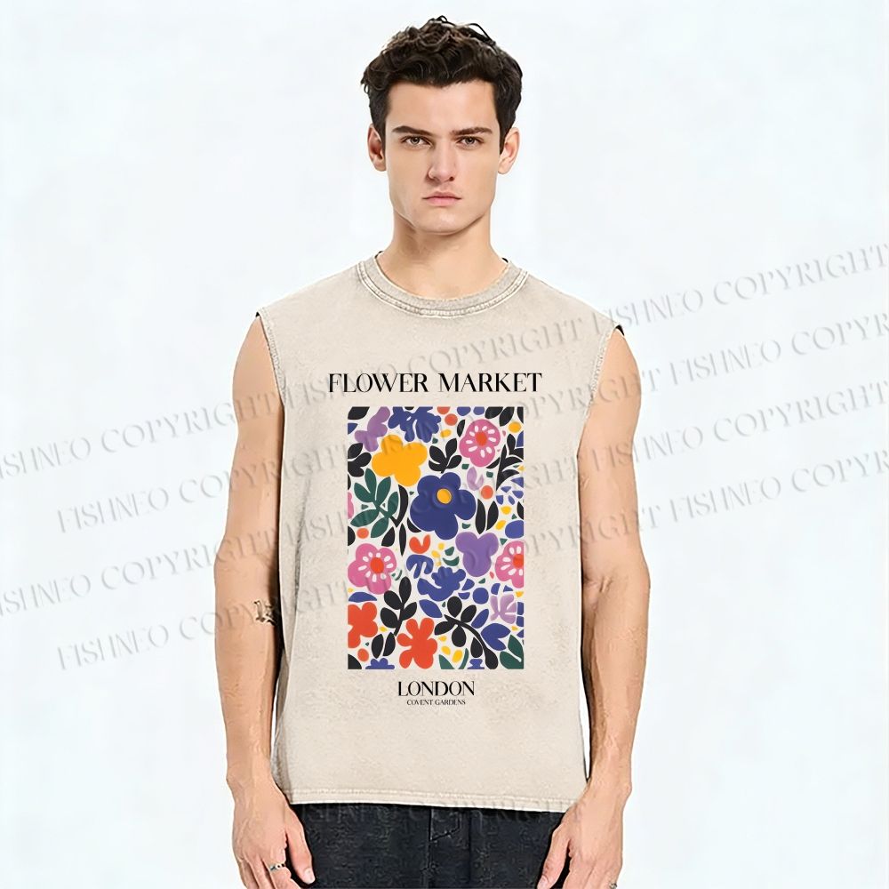 Unisex Flower Market Printed Washed Tank Top
