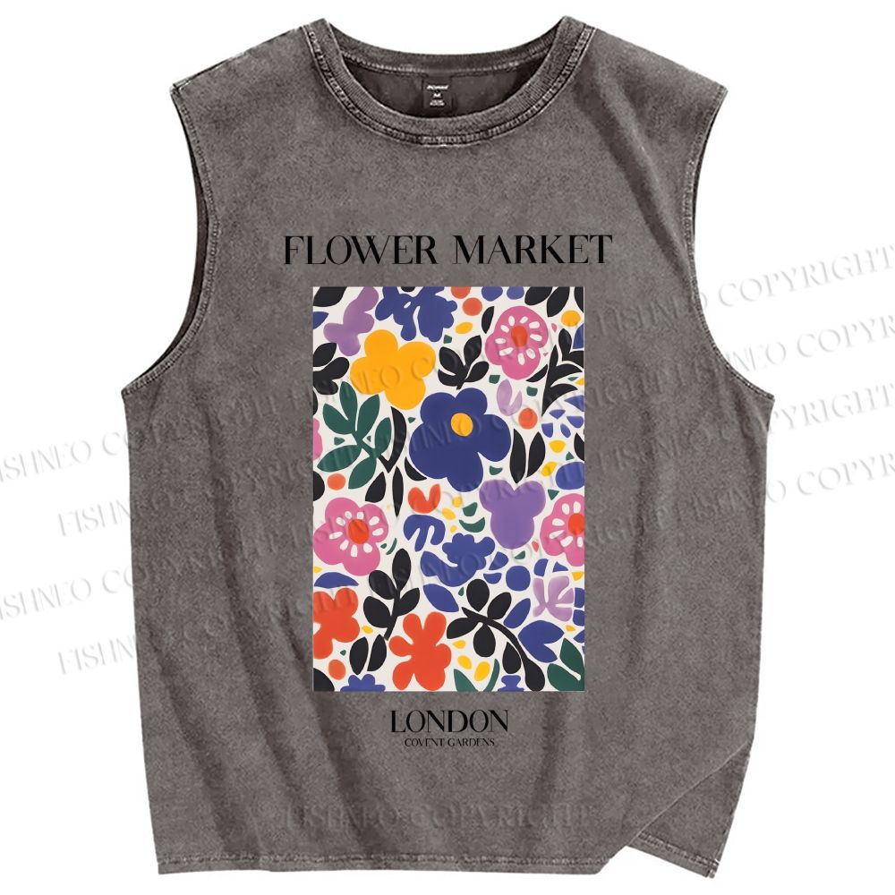 Unisex Flower Market Printed Washed Tank Top