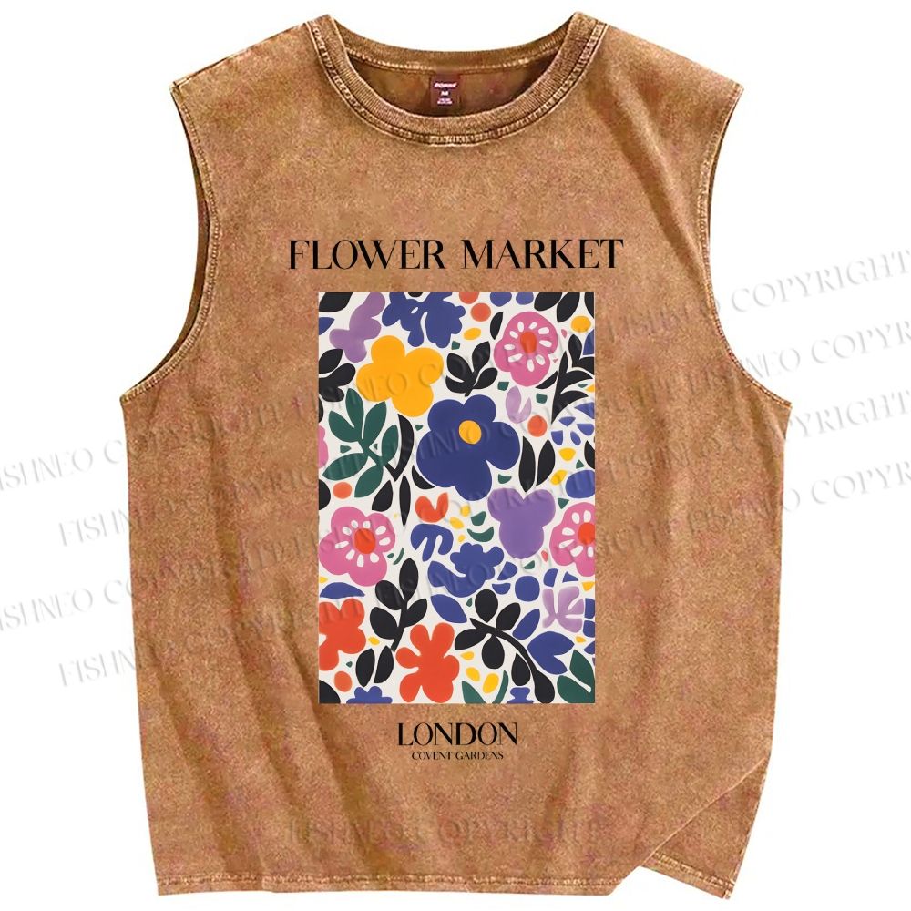 Unisex Flower Market Printed Washed Tank Top