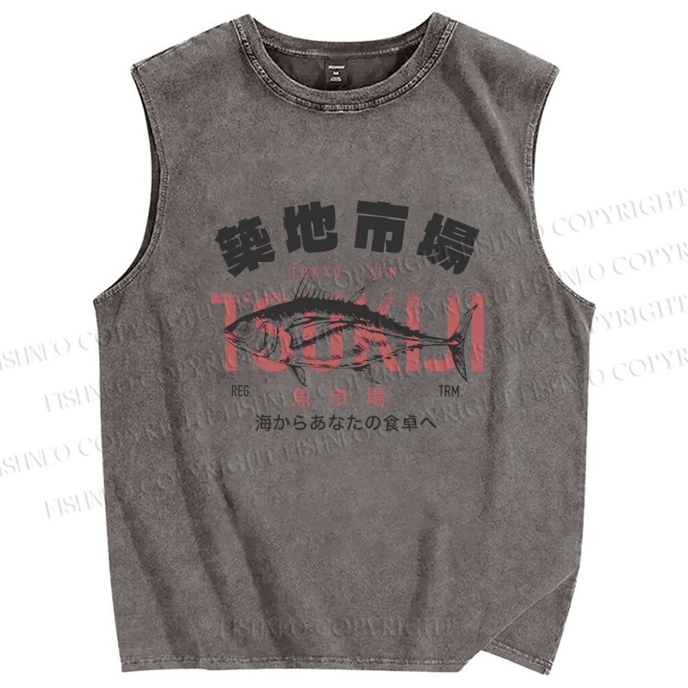 Unisex Tsukiji Fish Market Vintage Printed Washed Tank Top