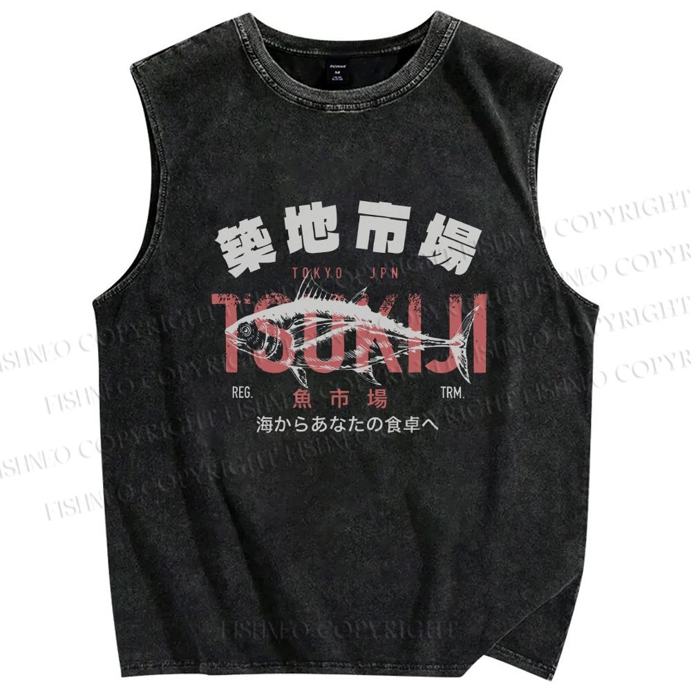 Unisex Tsukiji Fish Market Vintage Printed Washed Tank Top