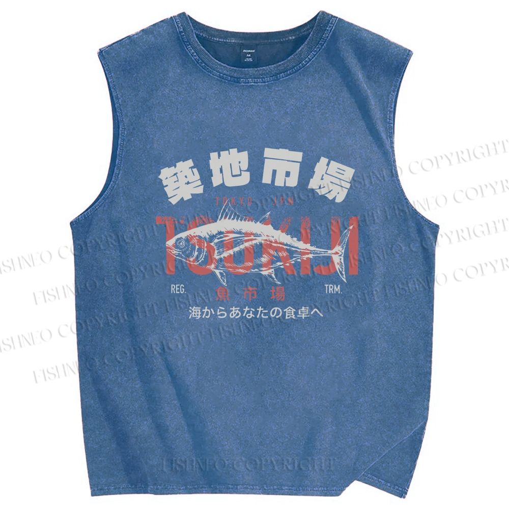 Unisex Tsukiji Fish Market Vintage Printed Washed Tank Top