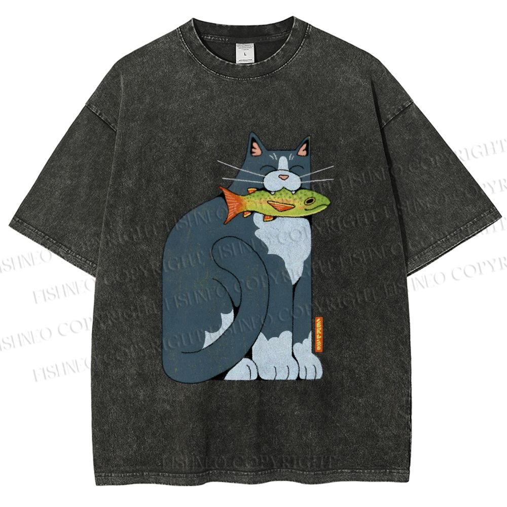 Unisex Blue Cat Carrying a Green Fish Printed Washed Tee
