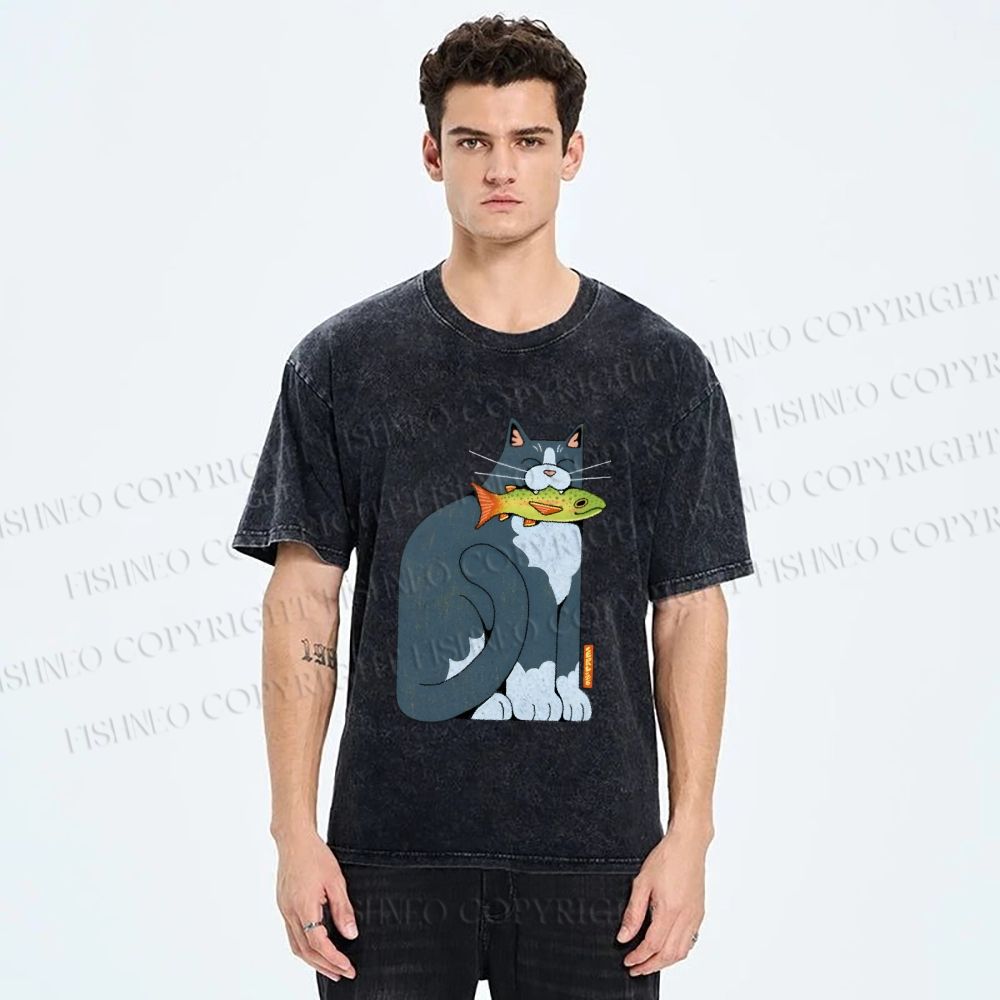 Unisex Blue Cat Carrying a Green Fish Printed Washed Tee