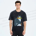 Unisex Blue Cat Carrying a Green Fish Printed Washed Tee
