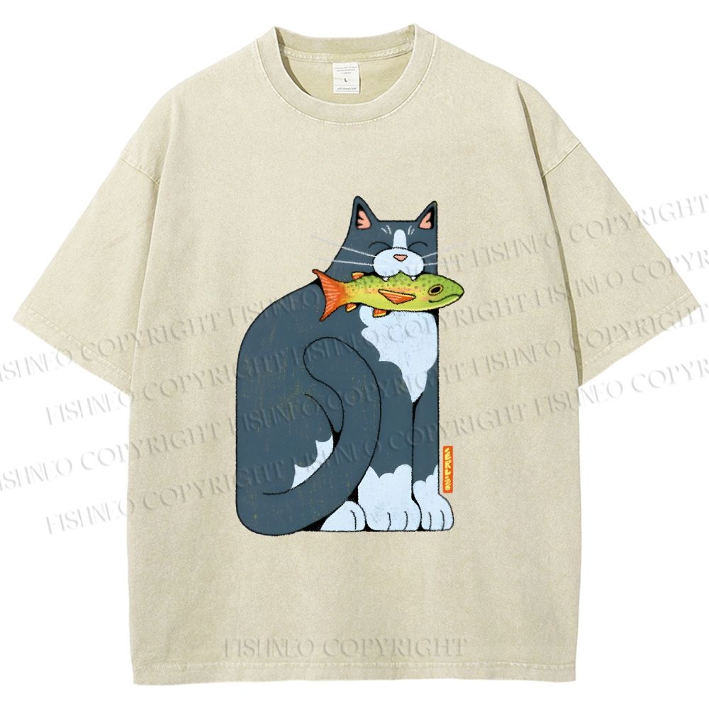 Unisex Blue Cat Carrying a Green Fish Printed Washed Tee
