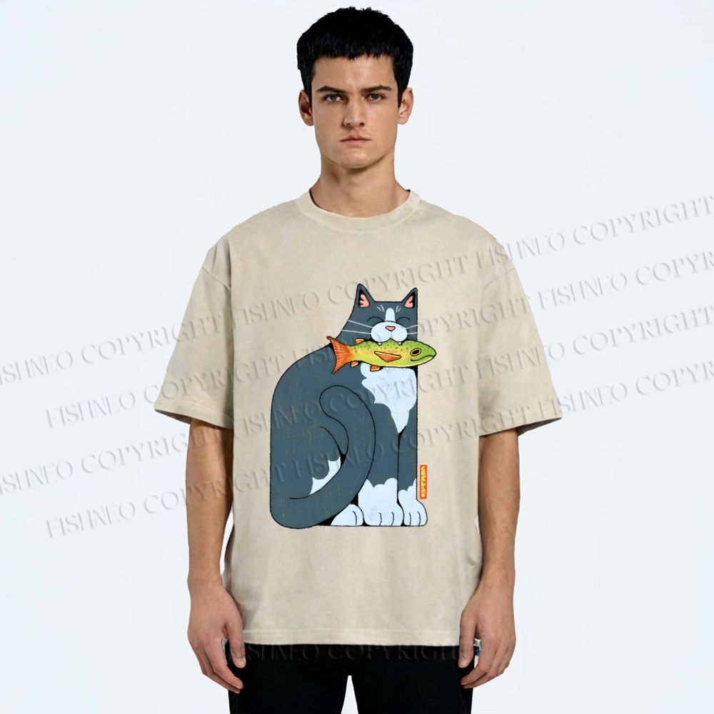 Unisex Blue Cat Carrying a Green Fish Printed Washed Tee