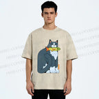 Unisex Blue Cat Carrying a Green Fish Printed Washed Tee