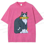 Unisex Blue Cat Carrying a Green Fish Printed Washed Tee
