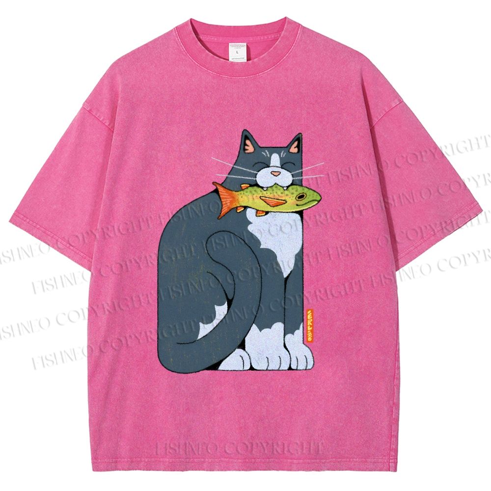 Unisex Blue Cat Carrying a Green Fish Printed Washed Tee
