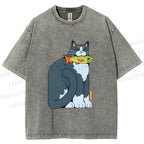 Unisex Blue Cat Carrying a Green Fish Printed Washed Tee