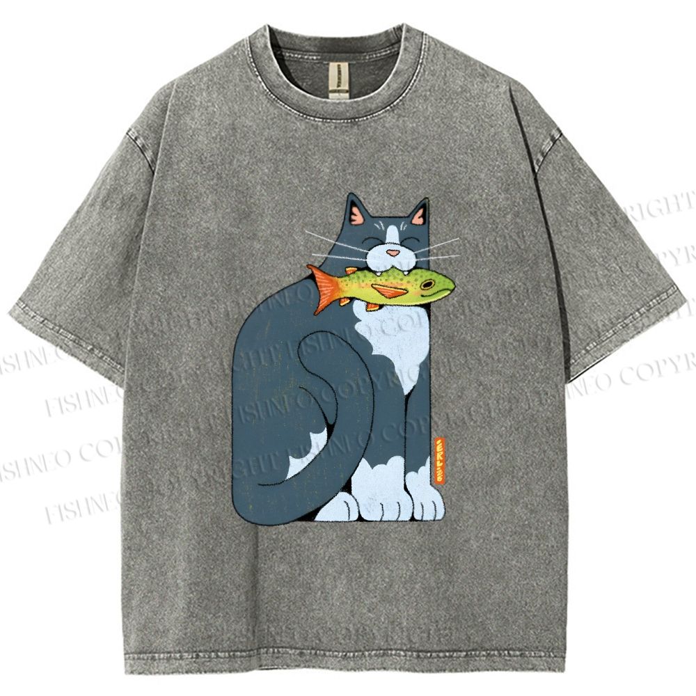 Unisex Blue Cat Carrying a Green Fish Printed Washed Tee