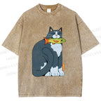 Unisex Blue Cat Carrying a Green Fish Printed Washed Tee