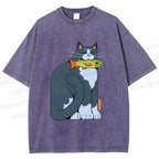 Unisex Blue Cat Carrying a Green Fish Printed Washed Tee