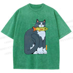 Unisex Blue Cat Carrying a Green Fish Printed Washed Tee