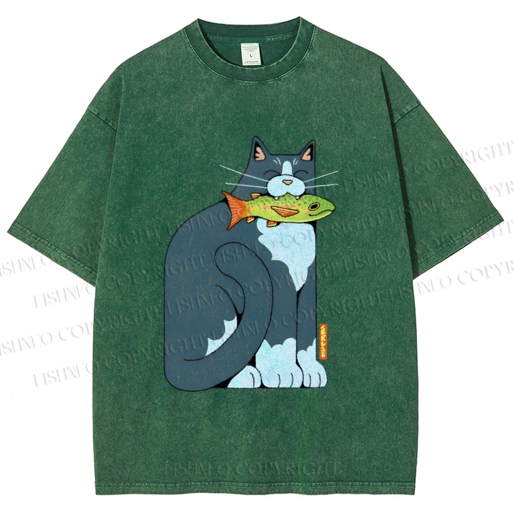 Unisex Blue Cat Carrying a Green Fish Printed Washed Tee