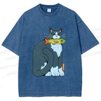 Unisex Blue Cat Carrying a Green Fish Printed Washed Tee