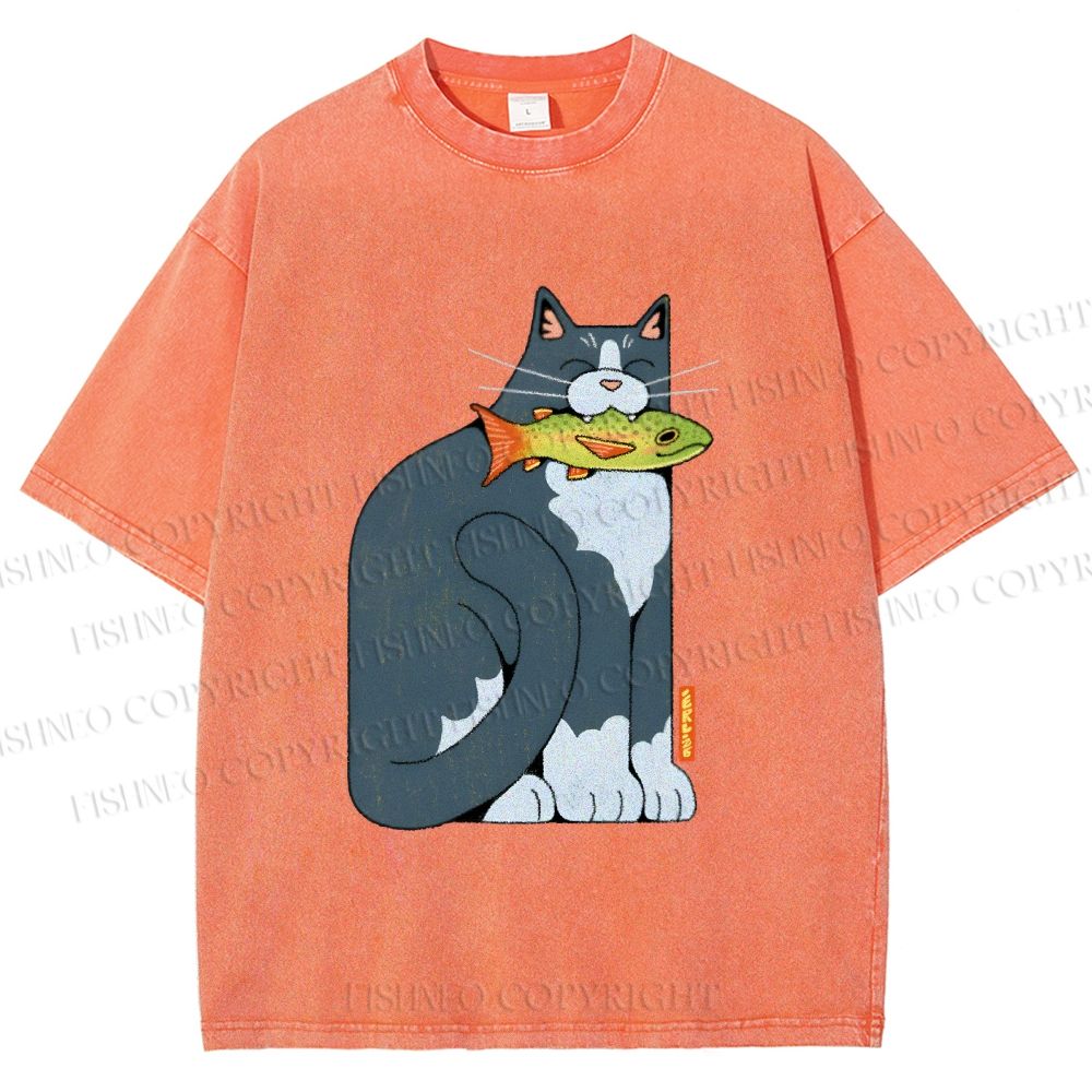 Unisex Blue Cat Carrying a Green Fish Printed Washed Tee