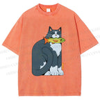 Unisex Blue Cat Carrying a Green Fish Printed Washed Tee